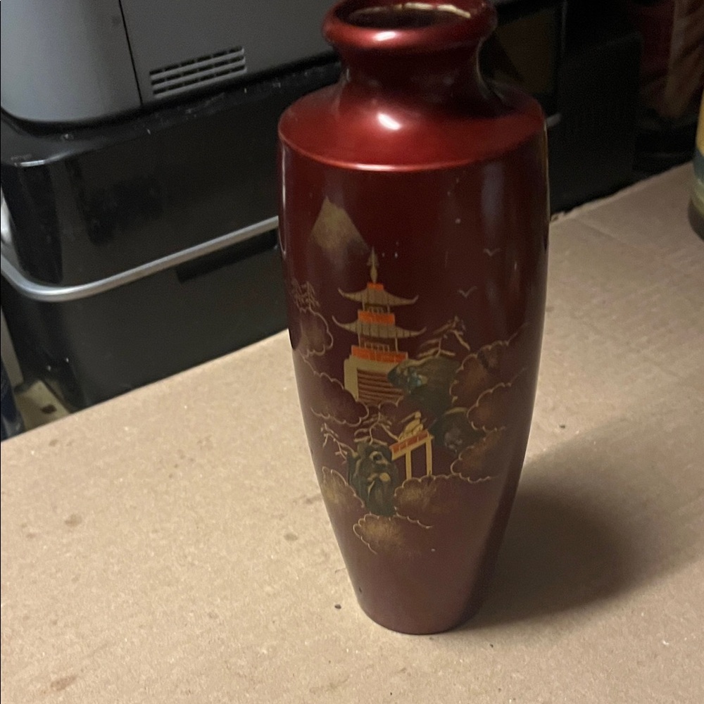 Elegant Red Vase with Asian Design 8 inch